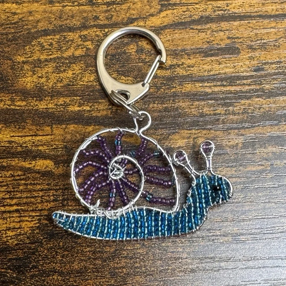 Handmade Beaded Snail Keychain Purse‎ Charm Blue Purple Wire Wrapped Art